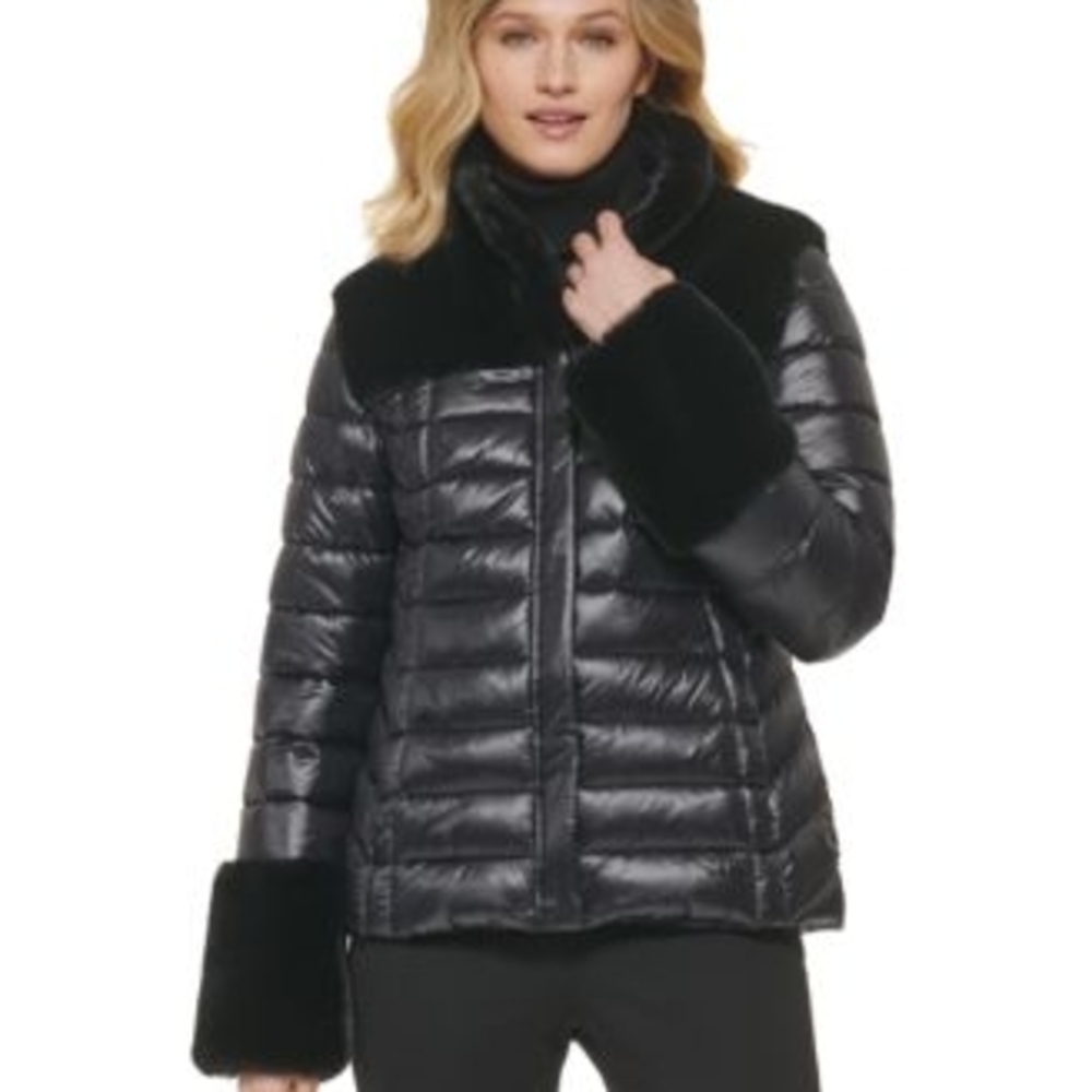 DKNY Faux Fur Trim Quilted Women's Black Puffer Jacket (M)